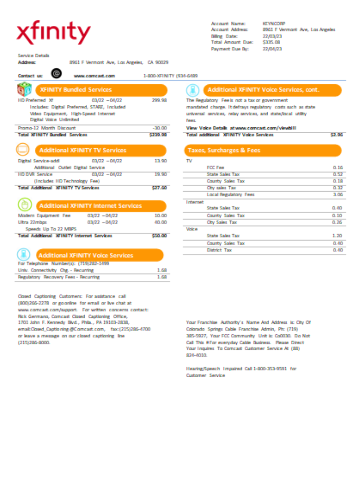 San Francisco Xfinity Comcast utility business bill SCR page 2 PSD template
